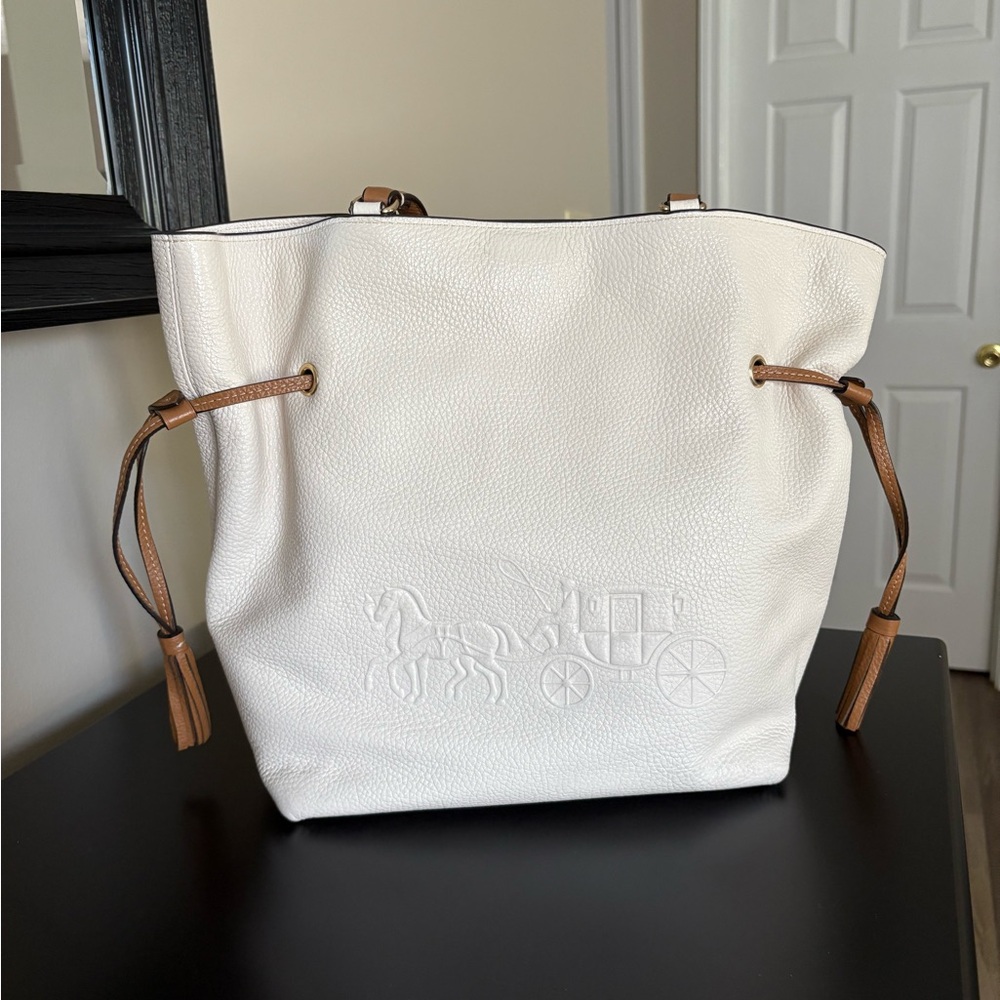 Coach White Pebbled Leather Tote with Tan Trim